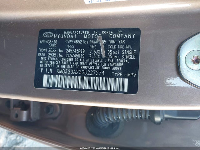 Aukcja sprzedaży 2016 Hyundai Tucson Limited, vin: KM8J33A23GU227274, numer aukcji: 44201705