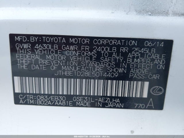 44201739 :رقم المزاد ، JTHBE1D28E5014409 vin ، 2014 Lexus Is 350 مزاد بيع