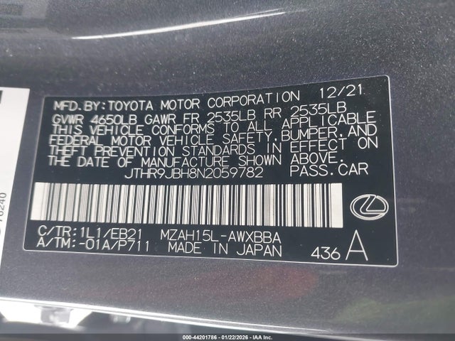 Aukcja sprzedaży 2022 Lexus Ux 250h F Sport, vin: JTHR9JBH8N2059782, numer aukcji: 44201786