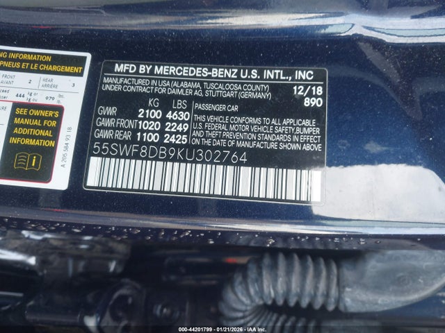 Aukcja sprzedaży 2019 Mercedes-benz C 300, vin: 55SWF8DB9KU302764, numer aukcji: 44201799