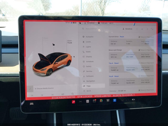 44201912 :رقم المزاد ، 5YJ3E1EB2KF520722 vin ، 2019 Tesla Model 3 Long Range/performance مزاد بيع