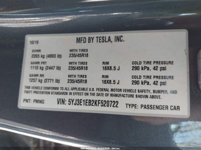44201912 :رقم المزاد ، 5YJ3E1EB2KF520722 vin ، 2019 Tesla Model 3 Long Range/performance مزاد بيع