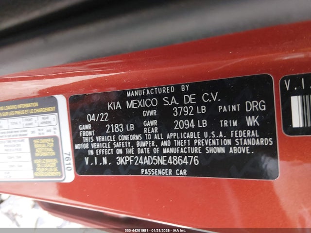 Aukcja sprzedaży 2022 Kia Forte Lxs, vin: 3KPF24AD5NE486476, numer aukcji: 44201981