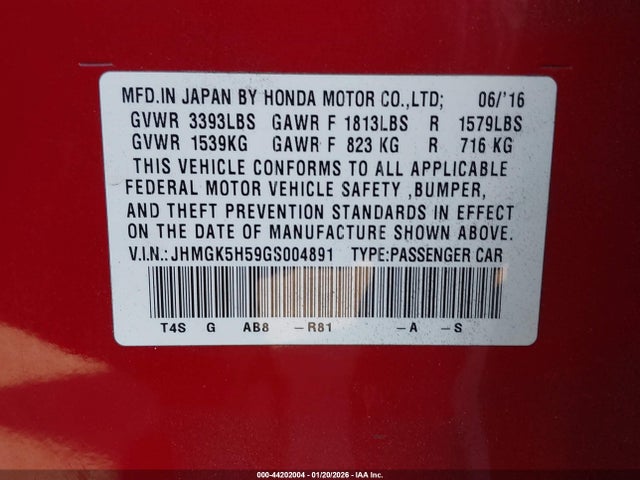 JHMGK5H59GS004891 Honda FIT LX
