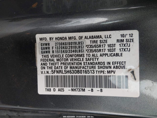 Aukcja sprzedaży 2013 Honda Odyssey Ex-l, vin: 5FNRL5H63DB016513, numer aukcji: 44202009