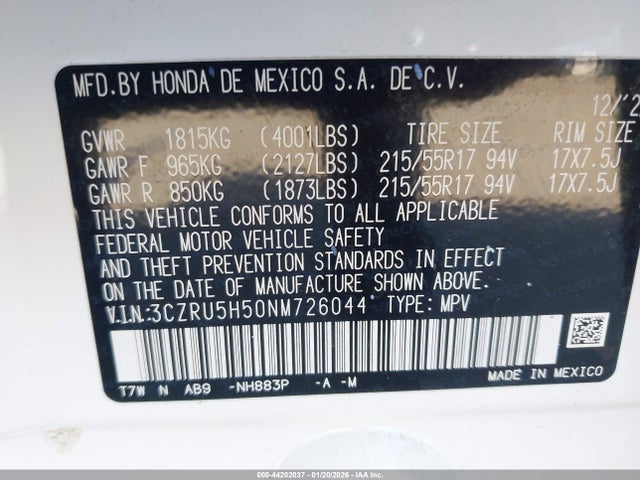 3CZRU5H50NM726044 Honda Hr-v 2wd Ex
