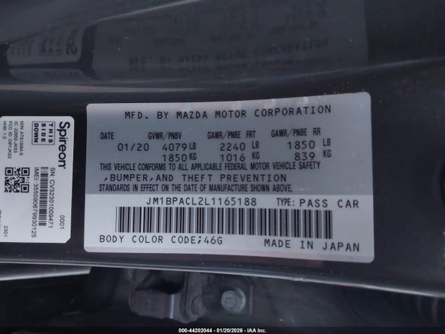 Продаж на аукціоні авто 2020 Mazda Mazda3 Select Package, vin: JM1BPACL2L1165188, номер лоту: 44202044