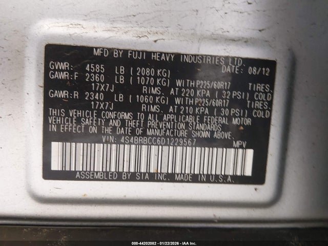 2013 Subaru Outback 2.5i Premium მანქანა იყიდება აუქციონზე, vin: 4S4BRBCC6D1229567, აუქციონის ნომერი: 44202082
