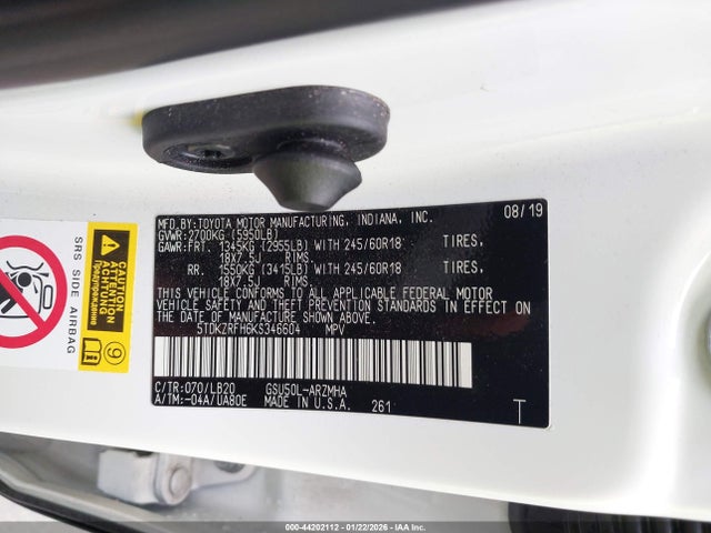 5TDKZRFH6KS346604 Toyota Highlander Xle