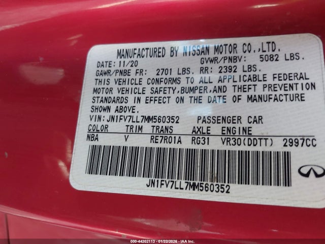 44202113 :رقم المزاد ، JN1FV7LL7MM560352 vin ، 2021 Infiniti Q60 Red Sport 400 Awd مزاد بيع