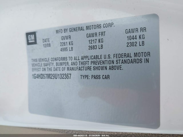 Auction sale of the 2009 Buick Lucerne Cxl-3, vin: 1G4HD57M29U132367, lot number: 44202115