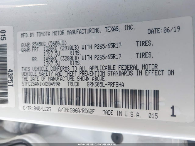 5TFCZ5AN1KX204990 Toyota Tacoma Trd Sport