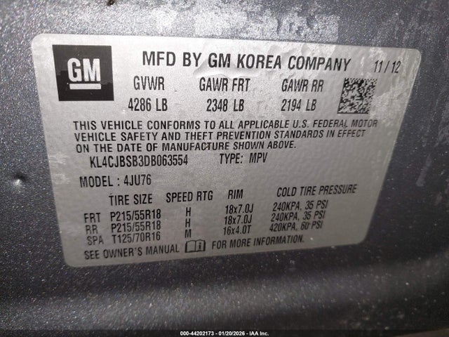 2013 Buick Encore Convenience მანქანა იყიდება აუქციონზე, vin: KL4CJBSB3DB063554, აუქციონის ნომერი: 44202173