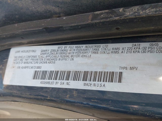 Aukcja sprzedaży 2006 Subaru Outback 2.5i, vin: 4S4BP61C467318893, numer aukcji: 44202176