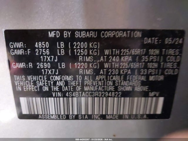 Aukcja sprzedaży 2024 Subaru Outback Premium, vin: 4S4BTACC3R3294822, numer aukcji: 44202207