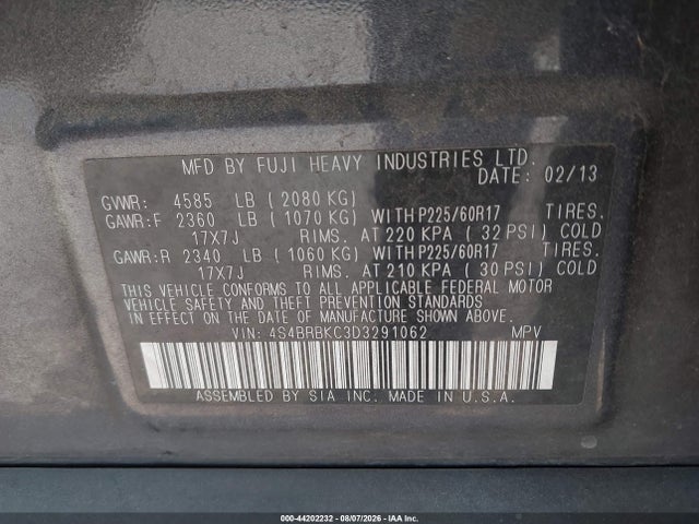 2013 Subaru Outback 2.5i Limited მანქანა იყიდება აუქციონზე, vin: 4S4BRBKC3D3291062, აუქციონის ნომერი: 44202232