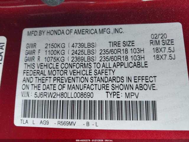Honda Cr-v Awd Ex-l 2020 5J6RW2H80LL008690 Image 9