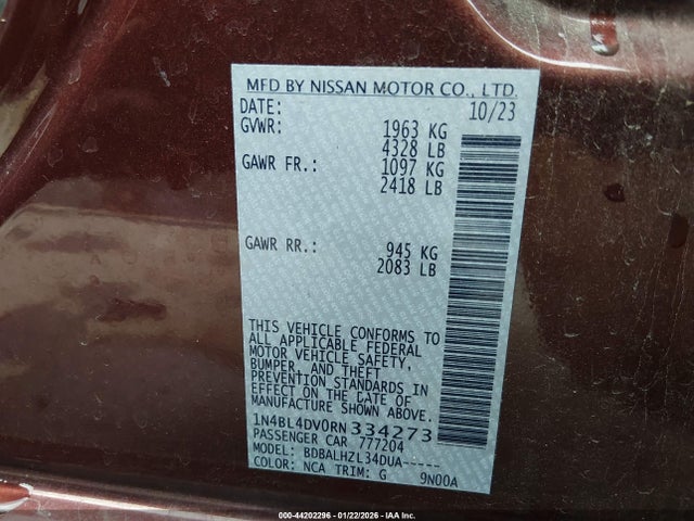 Продаж на аукціоні авто 2024 Nissan Altima Sv Fwd, vin: 1N4BL4DV0RN334273, номер лоту: 44202296