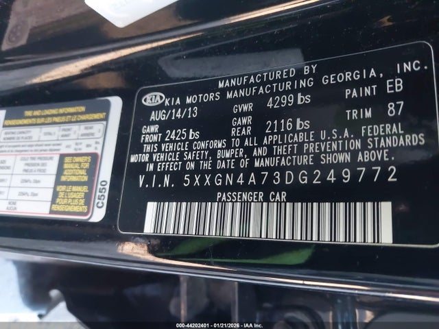 2013 Kia Optima Ex მანქანა იყიდება აუქციონზე, vin: 5XXGN4A73DG249772, აუქციონის ნომერი: 44202401