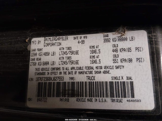 44202408 :رقم المزاد ، 1B7KF2368XJ627553 vin ، 1999 Dodge Ram 2500 St مزاد بيع