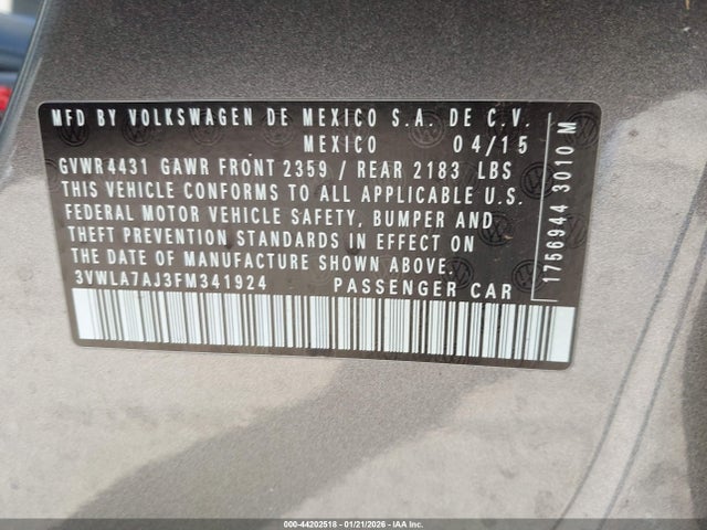 2015 Volkswagen Jetta 2.0l Tdi Se მანქანა იყიდება აუქციონზე, vin: 3VWLA7AJ3FM341924, აუქციონის ნომერი: 44202518