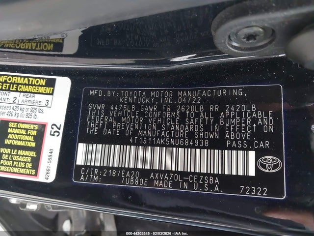 4T1S11AK5NU684938 Toyota CAMRY SE