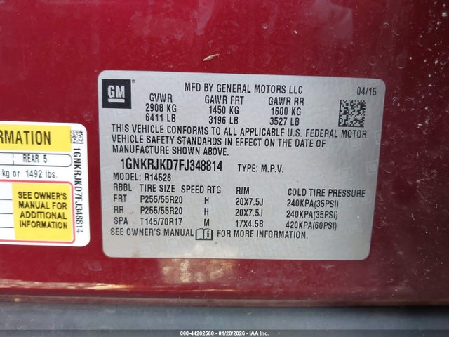 1GNKRJKD7FJ348814 Chevrolet Traverse Ltz