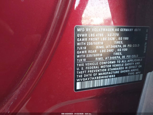 2011 VOLKSWAGEN TIGUAN WVGAV7AX8BW001693 Photo 8