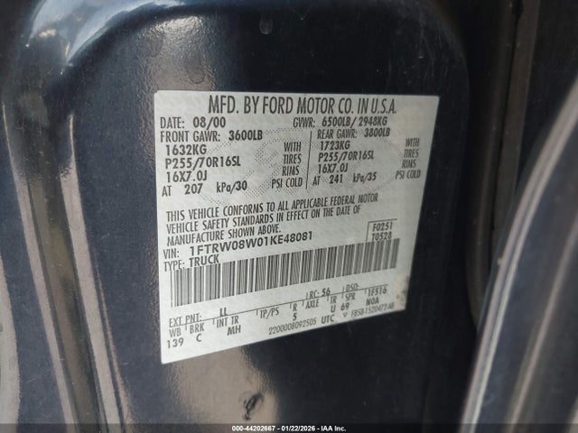 Aukcja sprzedaży 2001 Ford F-150 King Ranch Edition/lariat/xlt, vin: 1FTRW08W01KE48081, numer aukcji: 44202667