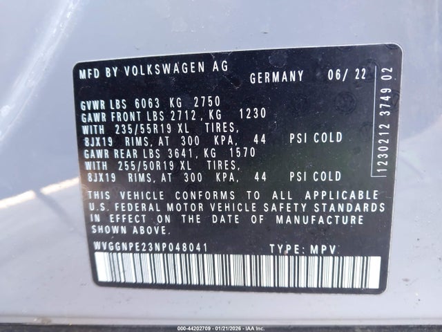 2022 Volkswagen Id.4 Awd Pro S მანქანა იყიდება აუქციონზე, vin: WVGGNPE23NP048041, აუქციონის ნომერი: 44202709