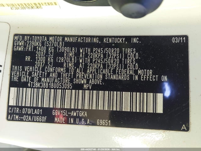 2011 Toyota Venza Base V6 მანქანა იყიდება აუქციონზე, vin: 4T3BK3BB1BU053095, აუქციონის ნომერი: 44202746