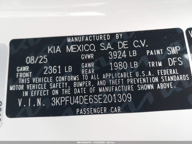 3KPFU4DE6SE201309 KIA K4 Ex