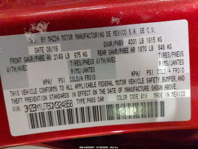 44202807 :رقم المزاد ، 3MZBM1U76GM324858 vin ، 2016 Mazda Mazda3 I Sport مزاد بيع