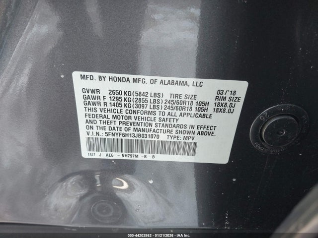 5FNYF6H13JB031070 Honda PILOT LX