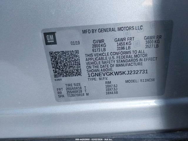 1GNEVGKW5KJ232731 Chevrolet Traverse 1lt