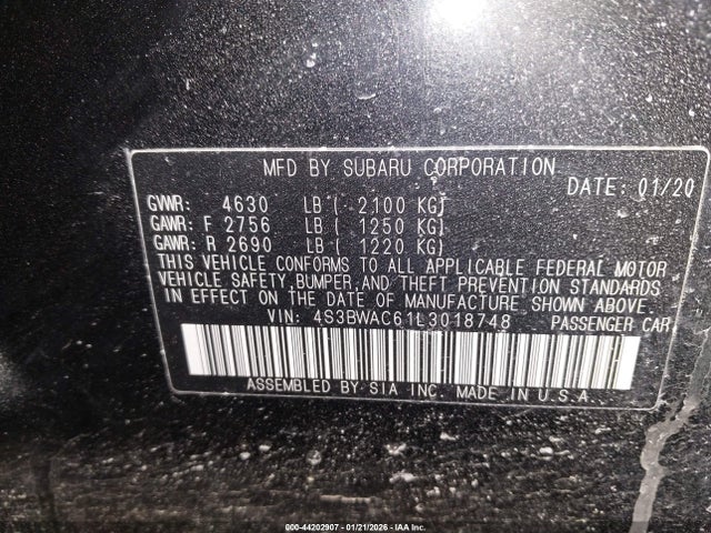 2020 Subaru Legacy Premium მანქანა იყიდება აუქციონზე, vin: 4S3BWAC61L3018748, აუქციონის ნომერი: 44202907