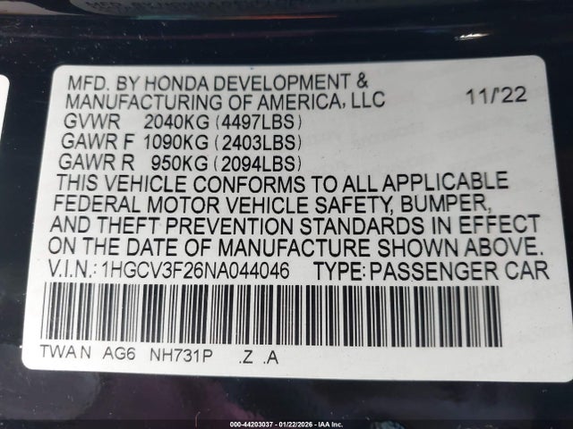44203037 :رقم المزاد ، 1HGCV3F26NA044046 vin ، 2022 Honda Accord Hybrid Sport مزاد بيع