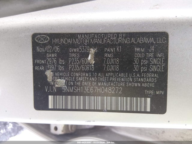 Продажа на аукционе авто 2007 Hyundai Santa Fe Limited/se, vin: 5NMSH13E67H048272, номер лота: 44203097
