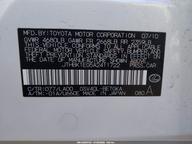 Aukcja sprzedaży 2010 Lexus Es 350, vin: JTHBK1EG5A2411722, numer aukcji: 44203123