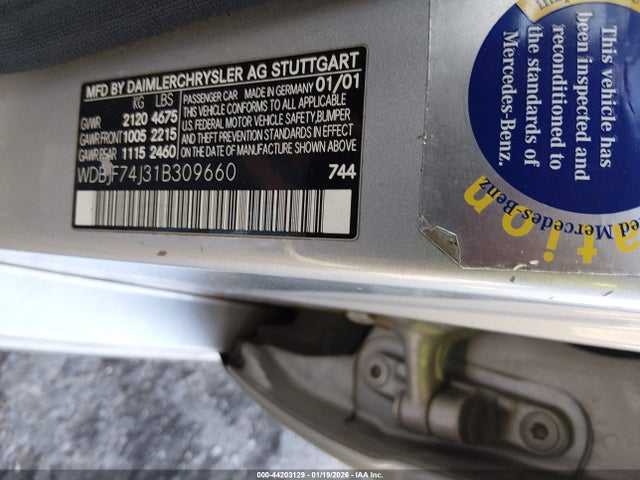44203129 :رقم المزاد ، WDBJF74J31B309660 vin ، 2001 Mercedes-benz E 55 Amg مزاد بيع