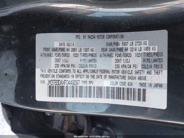 Продаж на аукціоні авто 2015 Mazda Cx-9 Grand Touring, vin: JM3TB3DAXF0449097, номер лоту: 44203144