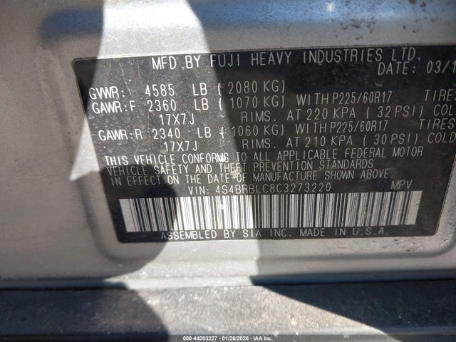 2012 Subaru Outback 2.5i Limited მანქანა იყიდება აუქციონზე, vin: 4S4BRBLC8C3273220, აუქციონის ნომერი: 44203227