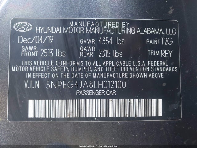 5NPEG4JA8LH012100 Hyundai SONATA SE