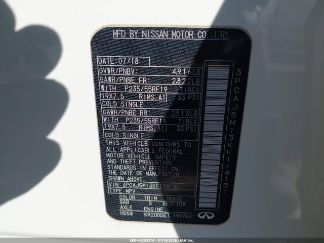 44203274 :رقم المزاد ، 3PCAJ5M13KF118131 vin ، 2019 Infiniti Qx50 Essential مزاد بيع