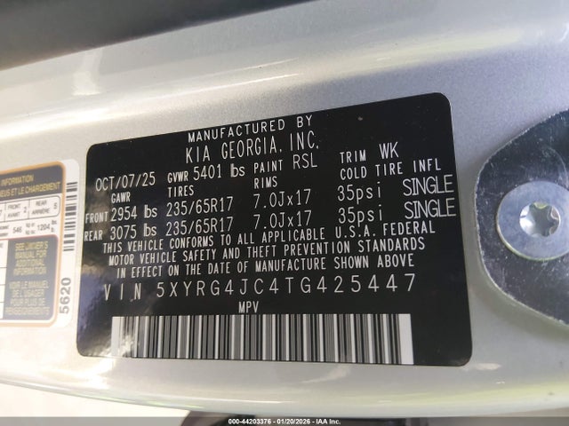 Aukcja sprzedaży 2026 Kia Sorento Lx, vin: 5XYRG4JC4TG425447, numer aukcji: 44203376