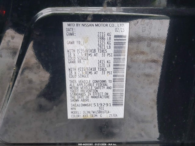 44203381 :رقم المزاد ، 5N1AL0MM6FC519291 vin ، 2015 Infiniti Qx60 مزاد بيع