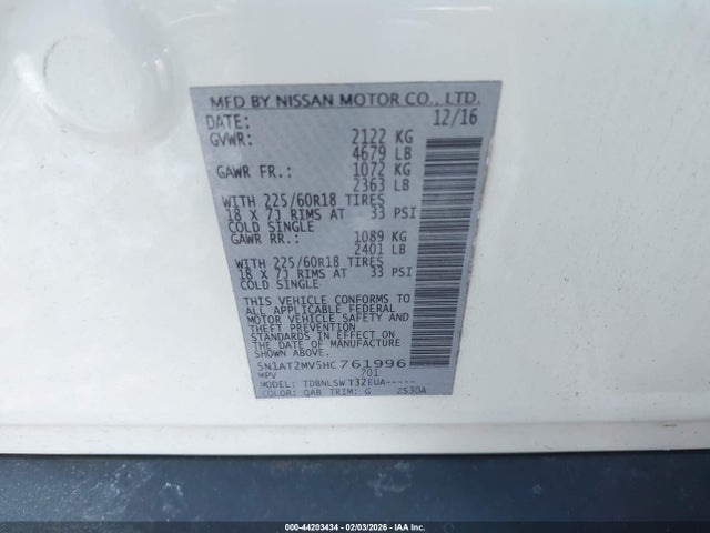 5N1AT2MV5HC761996 Nissan Rogue Sl