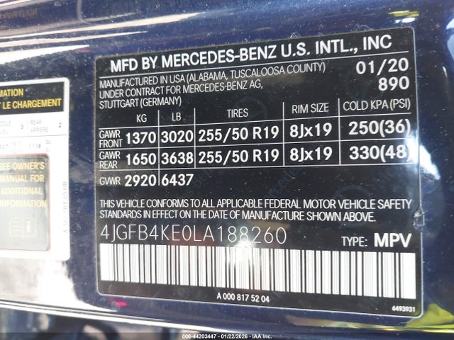 Aukcja sprzedaży 2020 Mercedes-benz Gle 350 4matic, vin: 4JGFB4KE0LA188260, numer aukcji: 44203447