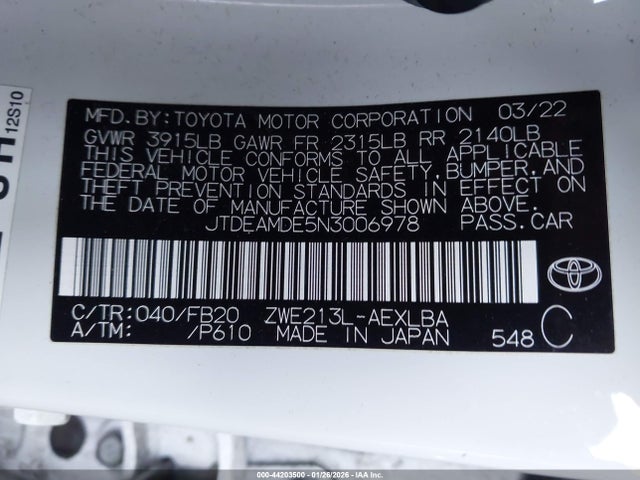 JTDEAMDE5N3006978 Toyota Corolla Hybrid Le