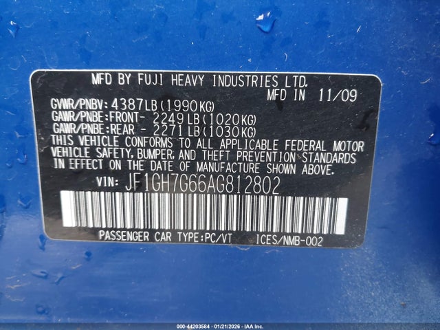 44203584 :رقم المزاد ، JF1GH7G66AG812802 vin ، 2010 Subaru Impreza Wrx مزاد بيع